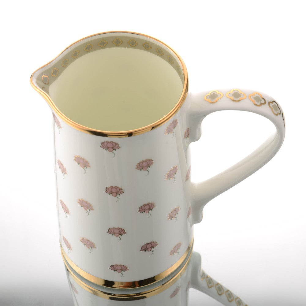 Kaunteya Pichwai Premium Jug- Lightweight, fine bone china, tableware, luxury jug, 24K gold plated, beautiful gold and white crockery with intricately designed pink lotuses.