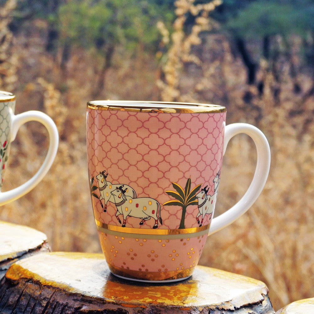 Kaunteya Pichwai Premium Coffee Mug- Lightweight, fine bone china, tableware, luxury coffee mug, pink, set of 2, 24K gold plated, beautiful gold and pink crockery with intricately designed cows.