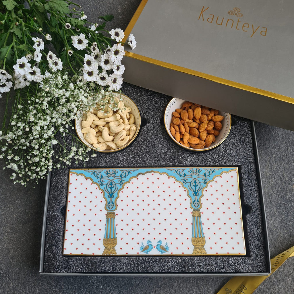  Kaunteya Dasara Premium Gift Set- Lightweight, fine bone china, tableware, cookie plate and 2 soup bowls with a gift box, 24K gold plated, beautiful blue and white crockery with royal blue and gold birds and pillars design.