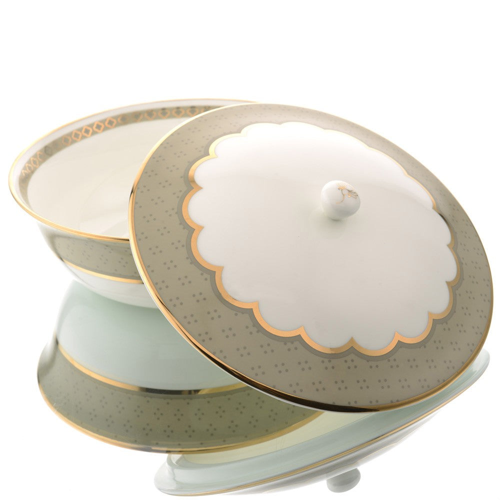 Kaunteya Pichwai Premium Serving Bowl with Lid- Lightweight, fine bone china, tableware, luxury serving bowl with lid, 3 portions, 24K gold plated, beautiful white and green crockery. 