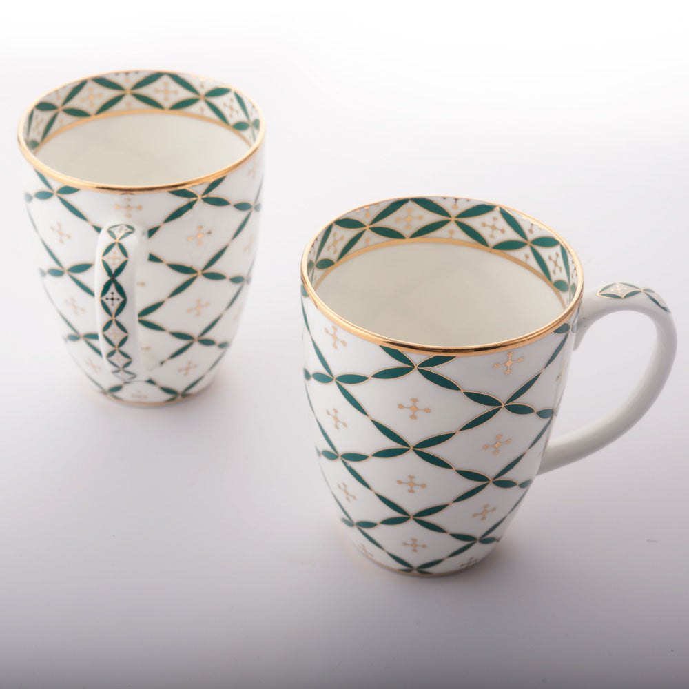 Kaunteya Jyamiti Premium Gift Set- Lightweight, fine bone china, tableware, luxury 2 coffee mugs with a gift box, 24K gold plated, beautiful green and white crockery. 