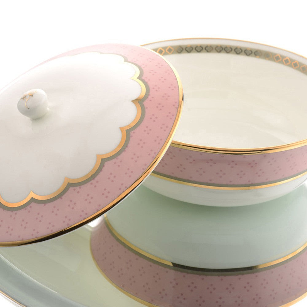 Kaunteya Pichwai Premium Serving Bowl with Lid- Lightweight, fine bone china, tableware, luxury serving bowl with lid, 2 portions, 24K gold plated, beautiful white and pink crockery. 