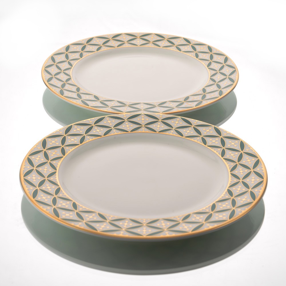 Kaunteya Jyamiti Premium Dinner Plate- Lightweight, fine bone china, tableware, luxury dinner plate, set of 2, 24K gold plated, beautiful green and white crockery. 