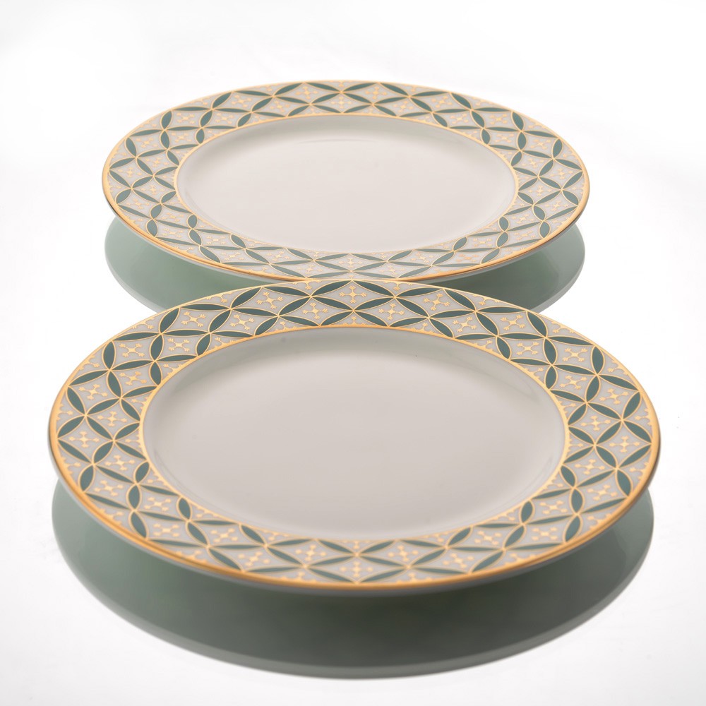 Kaunteya Jyamiti Premium Side Plate- Lightweight, fine bone china, tableware, luxury side plate, set of 2, 24K gold plated, beautiful green and white crockery.