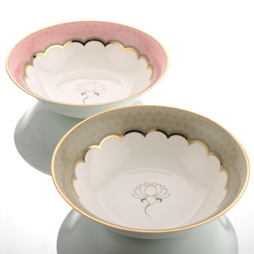 Kaunteya Pichwai Premium Serving Bowl- Lightweight, fine bone china, tableware, luxury serving bowl, 24K gold plated, beautiful white, green and pink crockery with intricately designed lotus.