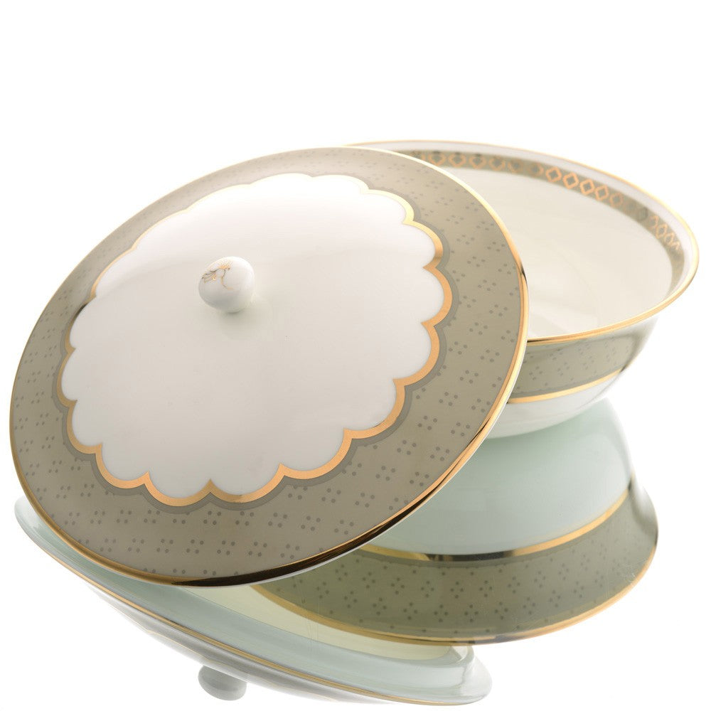 Kaunteya Pichwai Premium Serving Bowl with Lid- Lightweight, fine bone china, tableware, luxury serving bowl with lid, 3 portions, 24K gold plated, beautiful white and green crockery. 