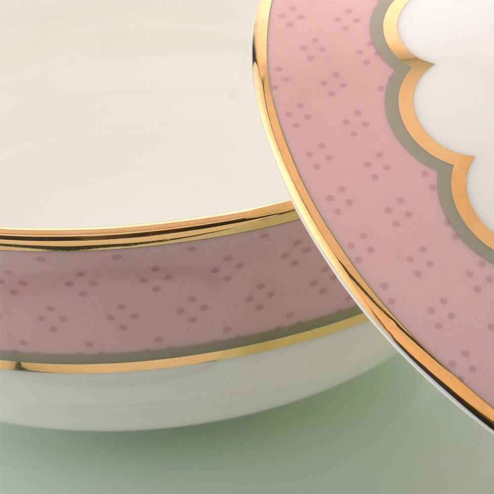 Kaunteya Pichwai Premium Serving Bowl with Lid- Lightweight, fine bone china, tableware, luxury serving bowl with lid, 2 portions, 24K gold plated, beautiful white and pink crockery. 