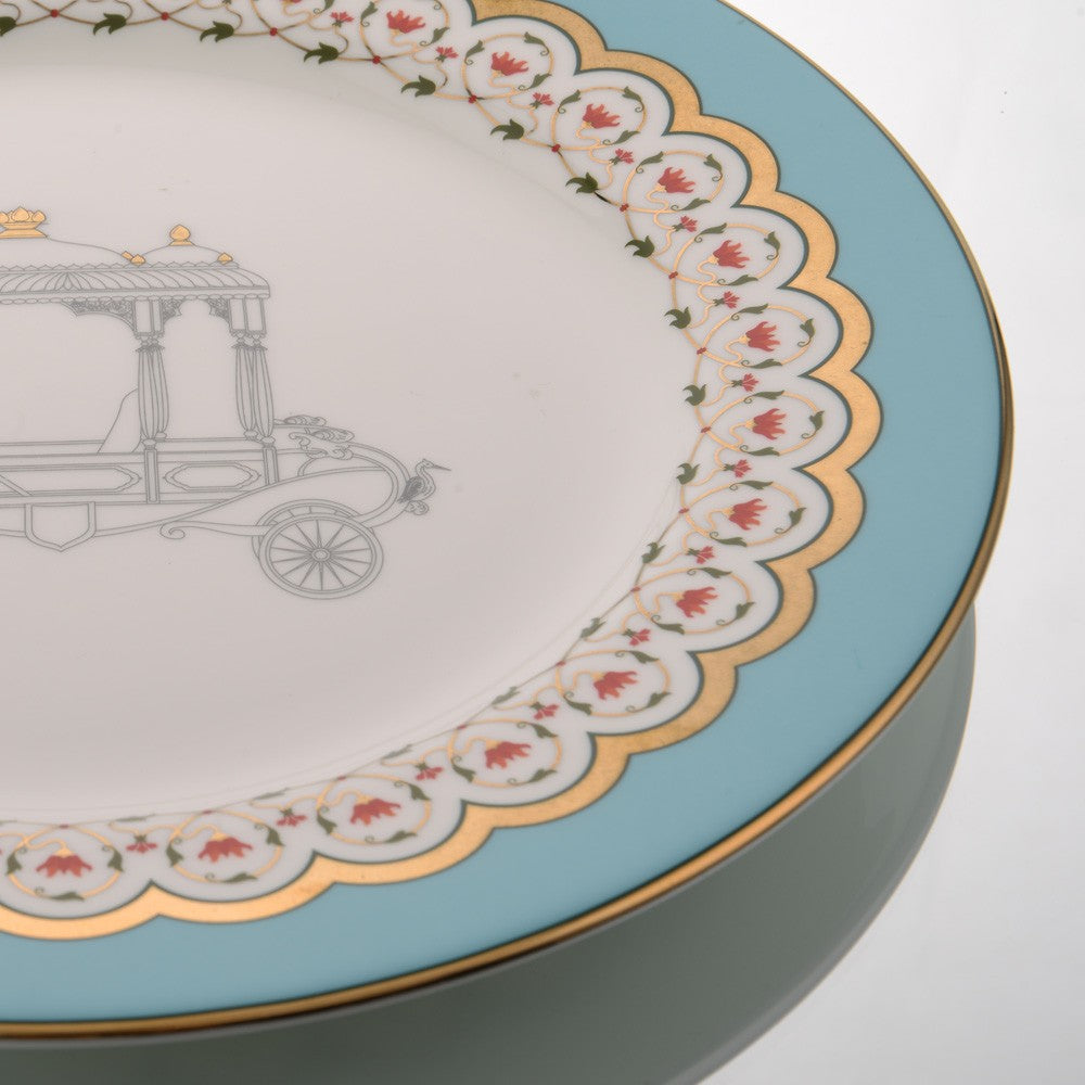 Kaunteya Dasara Premium Charger Plate- Lightweight, fine bone china, tableware, luxury charger plate, 24K gold plated, beautiful blue and white crockery with a chariot design at the centre.