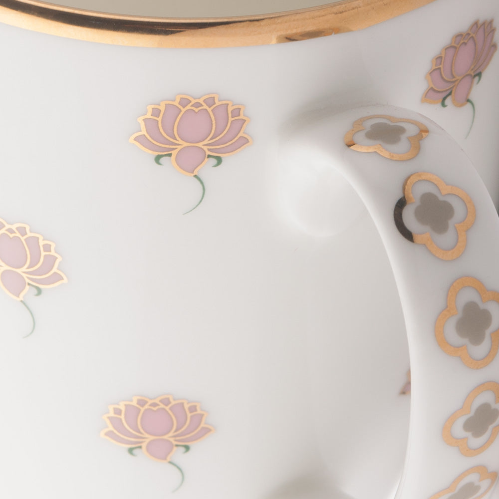 Kaunteya Pichwai Premium Gift Set- Lightweight, fine bone china, tableware, luxury 2 coffee mugs, gift box, 24K gold plated, beautiful gold and white crockery with intricately designed pink lotuses.