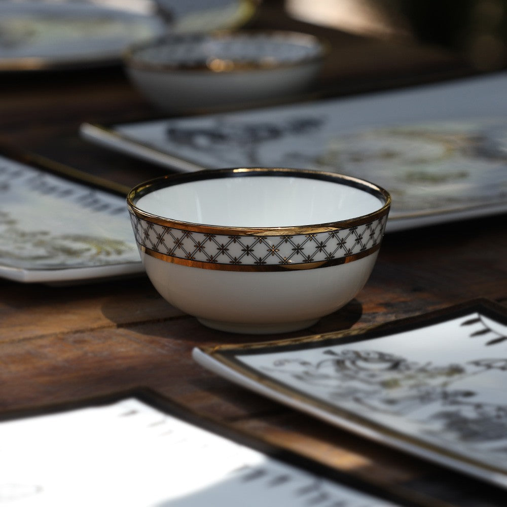 Kaunteya Byah Premium Soup Bowl- Lightweight, fine bone china, tableware, luxury soup bowl, set of 2, 24K gold plated, Phad art, beautiful white, black and gold crockery with intricate design at the border.