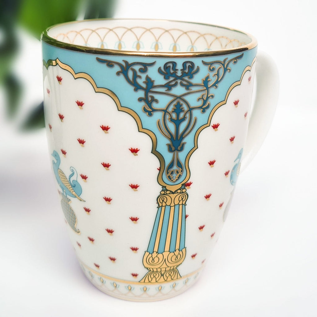 Kaunteya Dasara Premium Coffee Mug- Lightweight, fine bone china, tableware, luxury coffee mug, set of 2, 24K gold plated, beautiful blue and white crockery with a royal blue bird and pillar design.