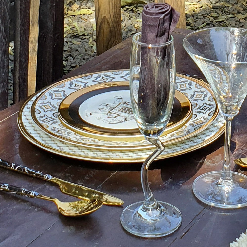 Kaunteya Byah Premium Dinner Plate- Lightweight, fine bone china, tableware, luxury dinner plate, set of 2, 24K gold plated, Phad art, beautiful white, black and gold crockery with intricate design at the border.