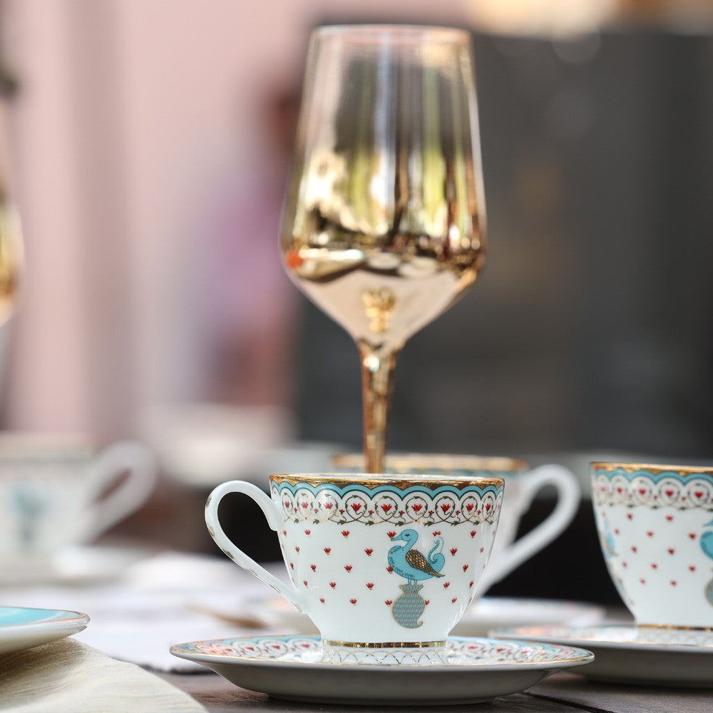 Kaunteya Dasara Premium Tea Cup Saucer- Lightweight, fine bone china, tableware, luxury tea cup saucer, set of 2, 24K gold plated, beautiful blue and white crockery with royal blue bird design.