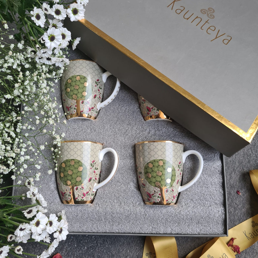 Kaunteya Pichwai Premium Gift Set- Lightweight, fine bone china, tableware, luxury 4 green coffee mugs, gift box, 24K gold plated, beautiful green and gold crockery with intricately designed trees.