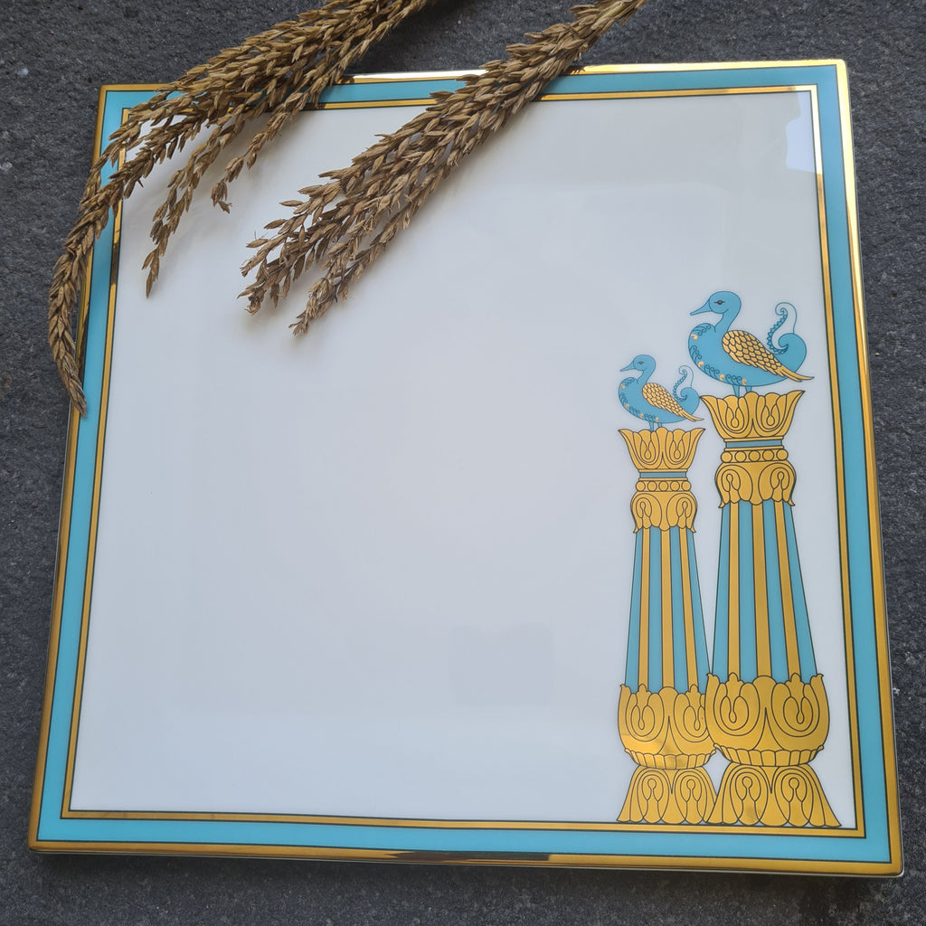 Kaunteya Dasara Premium Big Square Platter- Lightweight, fine bone china, tableware, luxury big square platter, 24K gold plated, beautiful blue and white crockery with royal blue and gold birds and pillars design.