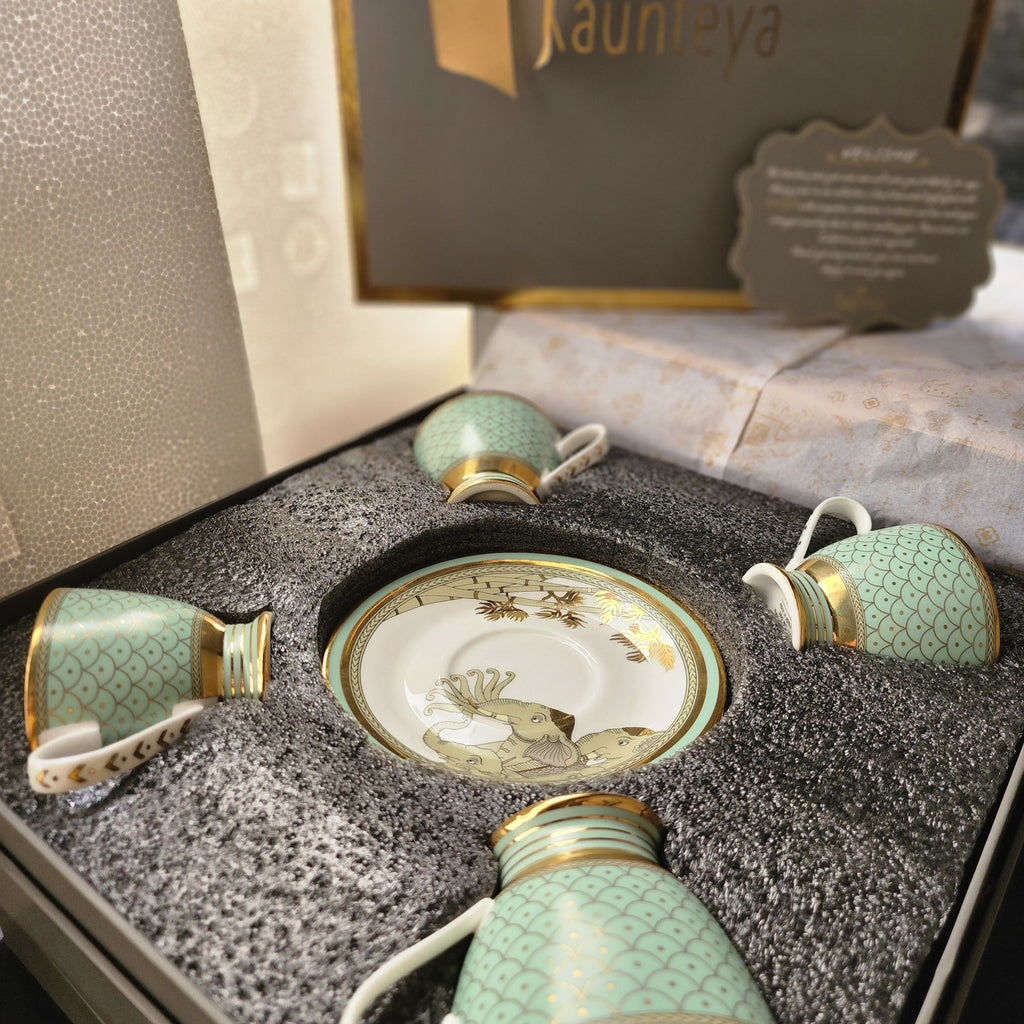 Kaunteya Airavata Premium Gift Set- Lightweight, fine bone china, tableware, luxury 4 tea cups and saucers with a gift box, 24K gold plated, Pattachitra art, beautiful white, gold and green crockery with intricate designs.