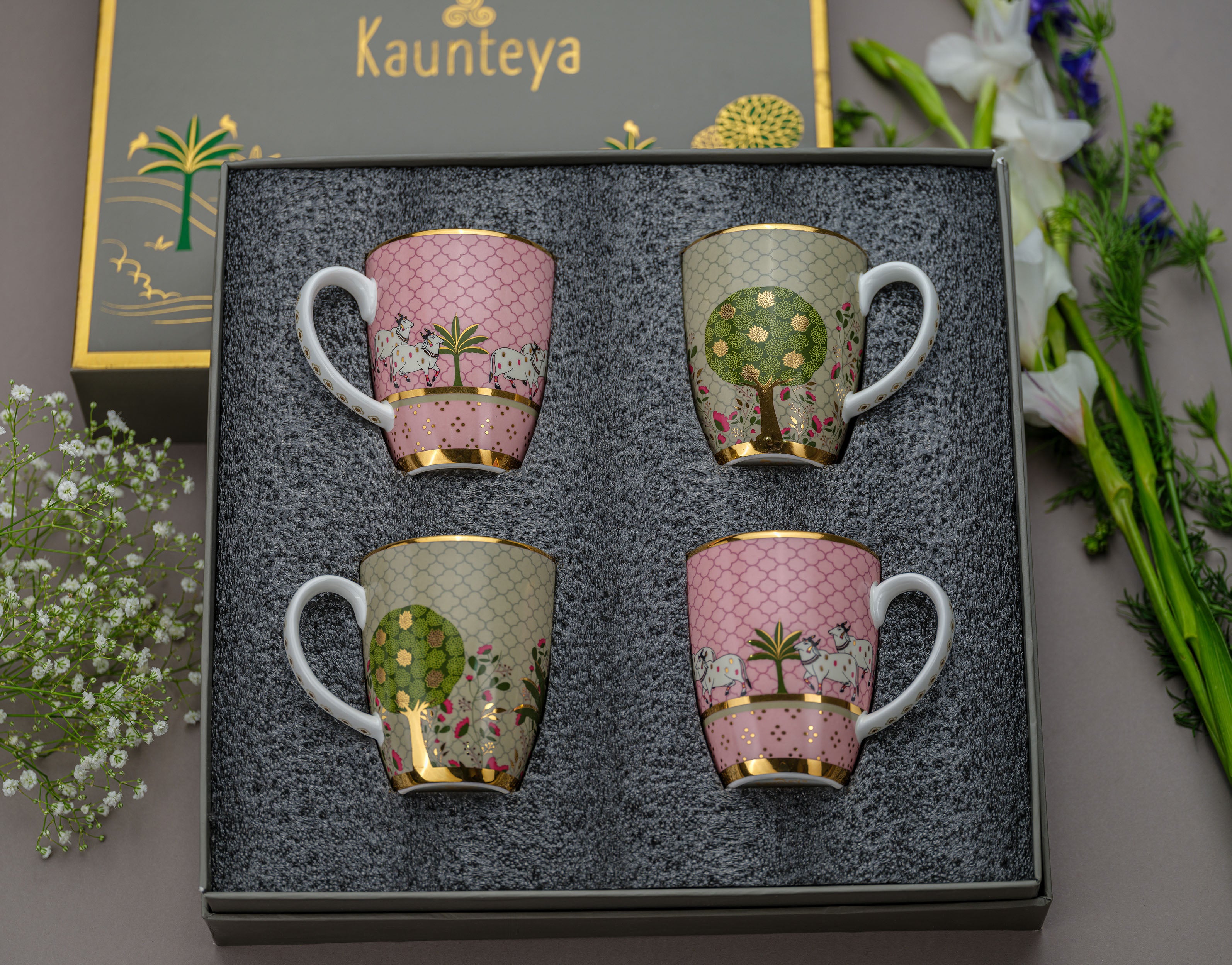 Gift Set - 2 Pichwai Green Mugs and 2 Pichwai Pink Mugs – Kaunteya