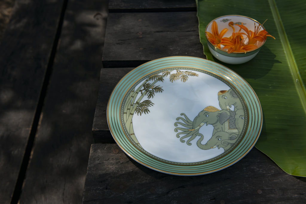 Kaunteya Airavata Premium Dinner Plate- Lightweight, fine bone china, tableware, luxury dinner plate, set of 2, 24K gold plated, Pattachitra art, beautiful white, green and gold crockery with intricately designed green and gold elephants.