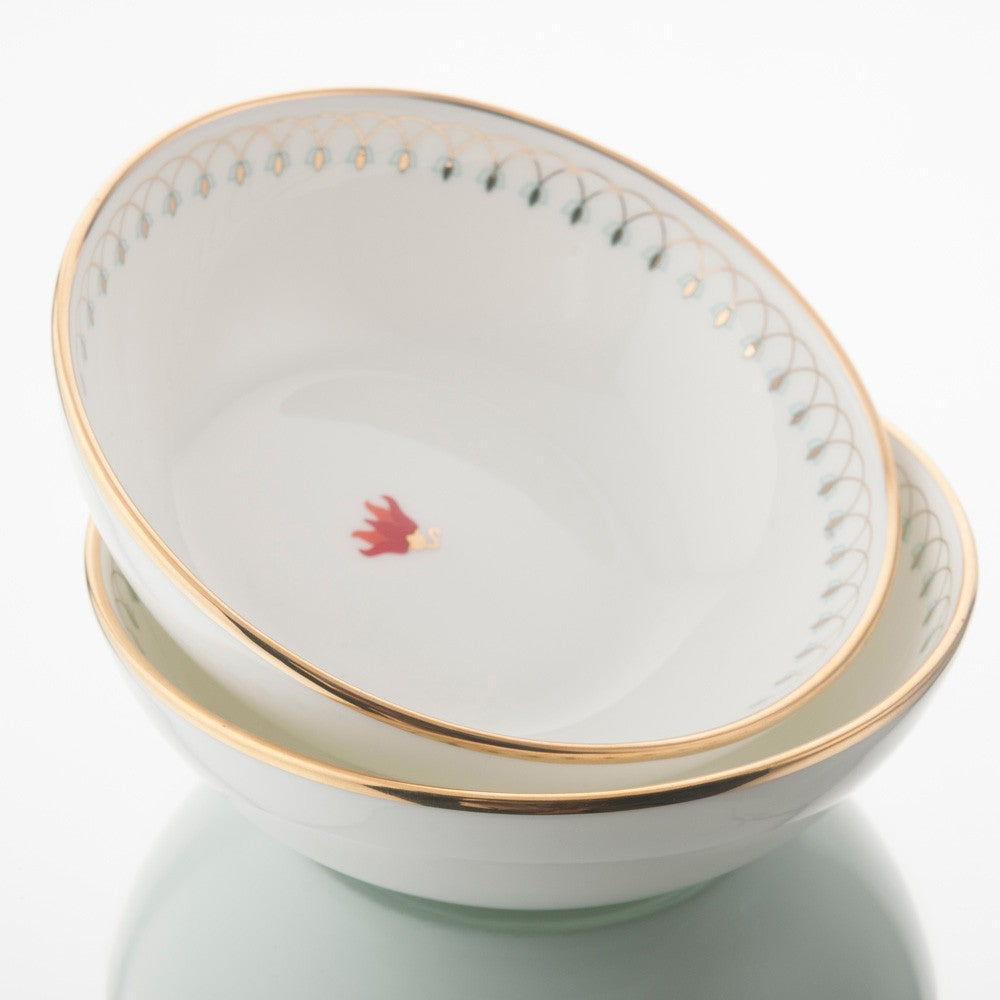 Kaunteya Dasara Premium Dip Bowl- Lightweight, fine bone china, tableware, luxury Katori, set of 2, 24K gold plated, beautiful white crockery with pink lotus design at the centre.