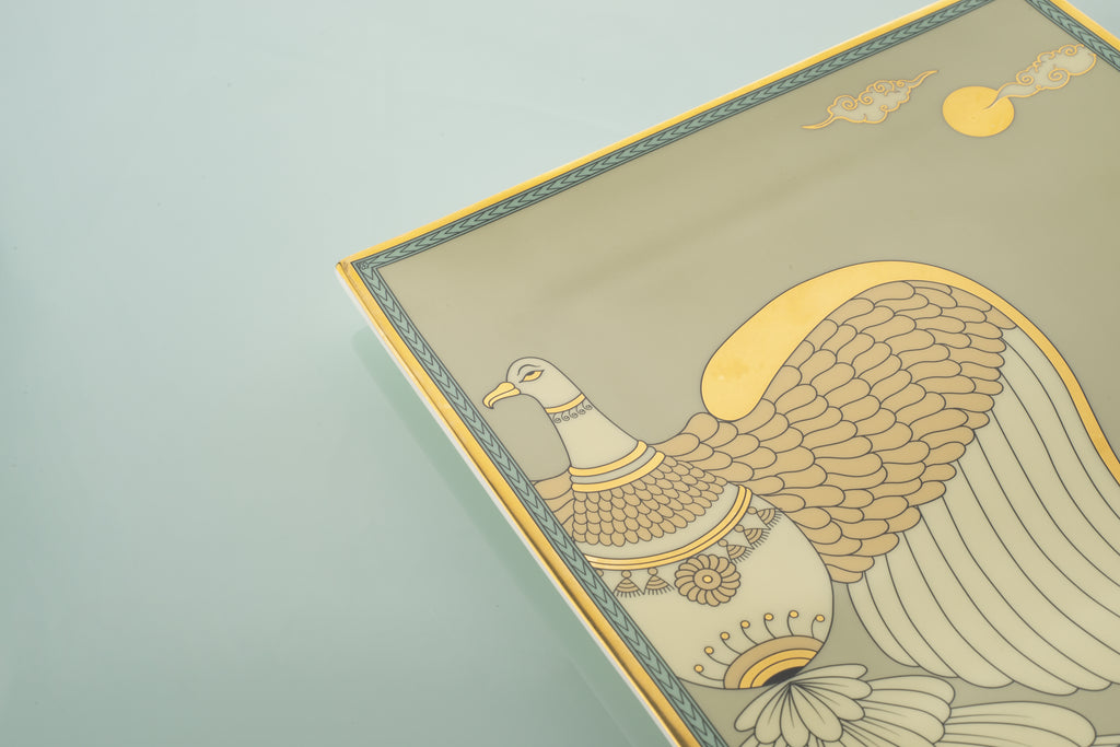 Kaunteya Airavata Premium Square Platter- Lightweight, fine bone china, tableware, luxury square platter, 24K gold plated, Pattachitra art, beautiful green crockery with intricately designed gold and white Garud.