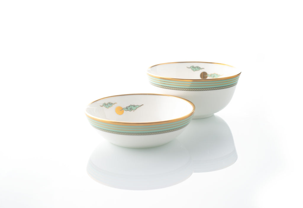 Kaunteya Airavata Premium Dip Bowl- Lightweight, fine bone china, tableware, luxury Katori, set of 2, 24K gold plated, Pattachitra art, beautiful white, green and gold crockery with design of clouds and sun.