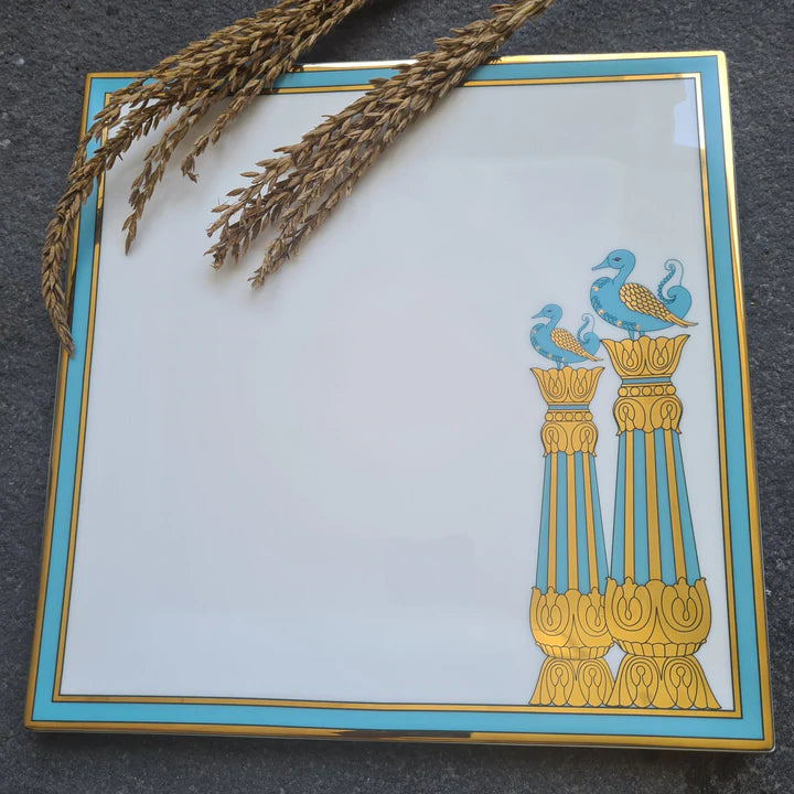 Kaunteya Dasara Premium Gift Set- Lightweight, fine bone china, tableware, big square platter with a gift box, 24K gold plated, beautiful blue and white crockery with royal blue and gold birds and pillars design.