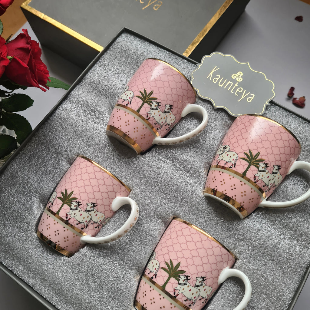 Kaunteya Pichwai Premium Gift Set- Lightweight, fine bone china, tableware, luxury 4 pink coffee mugs, gift box, 24K gold plated, beautiful pink and gold crockery with intricately designed cows.