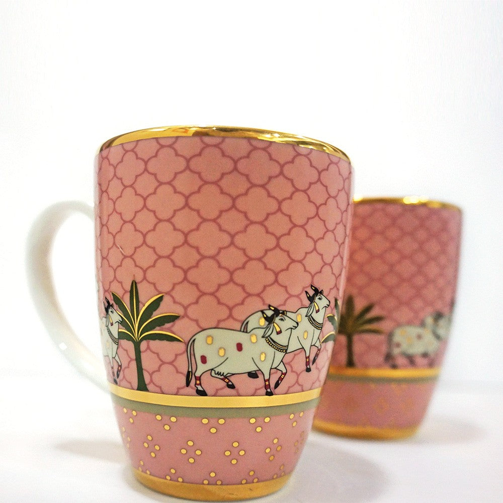 Kaunteya Pichwai Premium Gift Set- Lightweight, fine bone china, tableware, luxury 4 pink coffee mugs, gift box, 24K gold plated, beautiful pink and gold crockery with intricately designed cows.