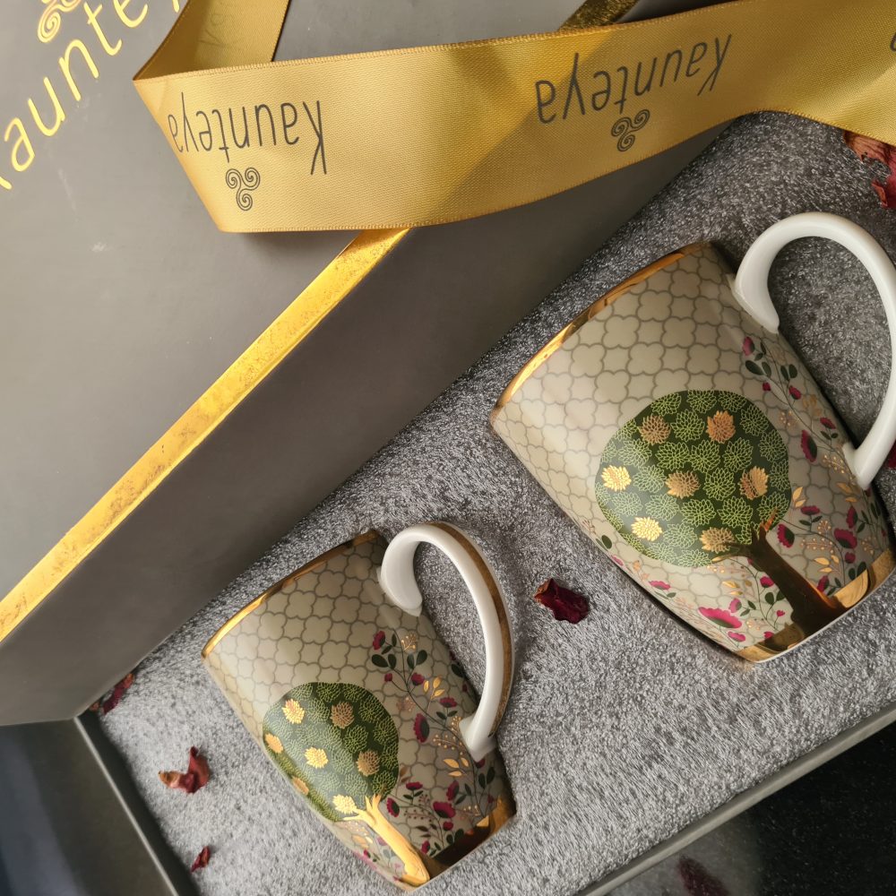 Kaunteya Pichwai Premium Gift Set- Lightweight, fine bone china, tableware, luxury 2 green coffee mugs, gift box, 24K gold plated, beautiful green and gold crockery with intricately designed trees.