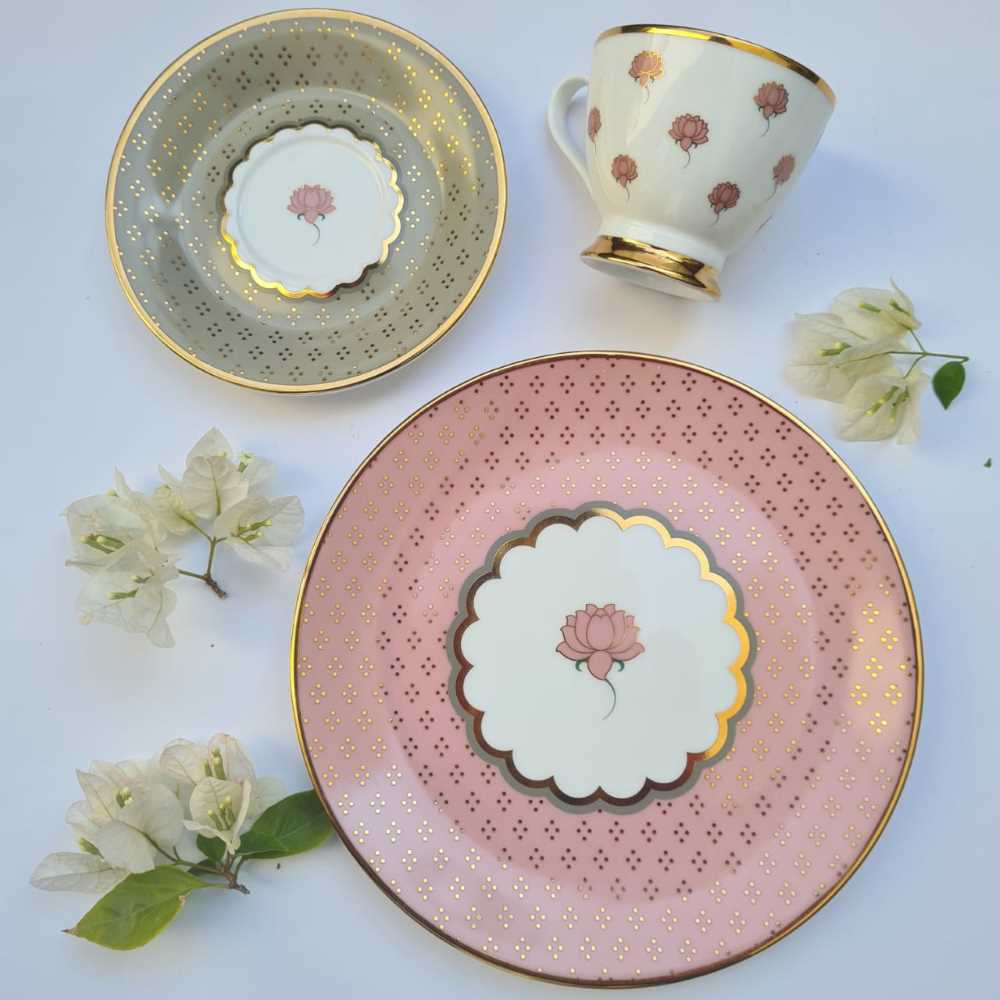 Kaunteya Pichwai Premium Snack Plate- Lightweight, fine bone china, tableware, luxury snack plate, set of 2, 24K gold plated, beautiful white and pink crockery with intricately designed pink lotus.