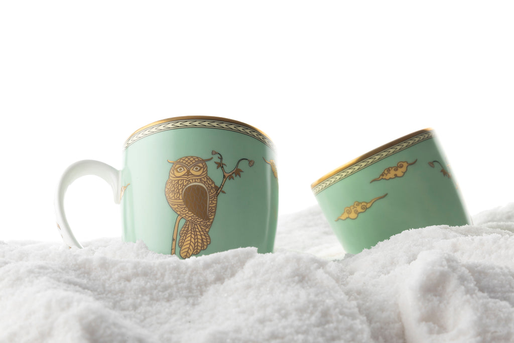 Kaunteya Airavata Premium Coffee Mug Green- Lightweight, fine bone china, tableware, luxury coffee mug, green, set of 2, 24K gold plated, Pattachitra art, beautiful green and gold crockery with intricately designed gold owl.